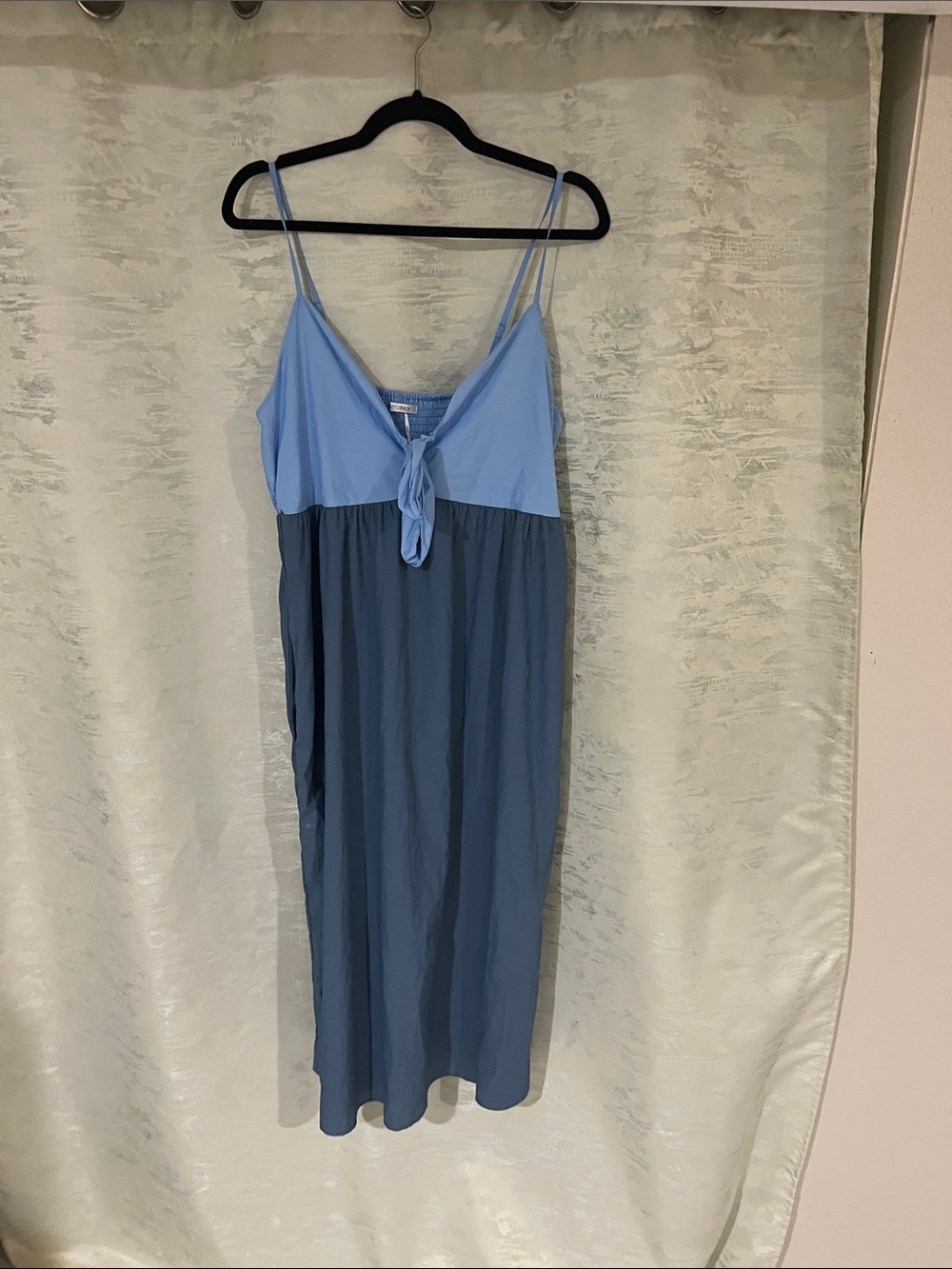 Two-Tone Blue Midi Slip Dress with Front Tie